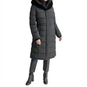 NEW DKNY faux-fur-trim hooded bibbed puffer coat in black